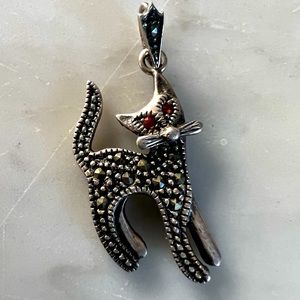 Vintage 90sSterling Silver Marcasite Ruby Cat Pendant